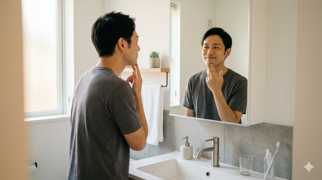 RINXに9回通った30代男性が洗面台で顎を触り、ヒゲ脱毛の効果を確認している様子