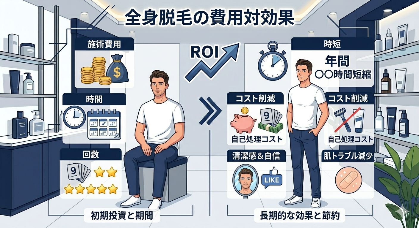 全身脱毛の費用対効果を示すインフォグラフィック。初期投資と期間から長期的な時短・コスト削減・清潔感の効果を図解