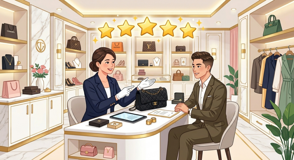 おたからやの店内でスタッフがブランドバッグを査定している様子と5つ星の口コミ評価