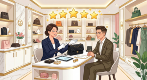 おたからやの店内でスタッフがブランドバッグを査定している様子と5つ星の口コミ評価