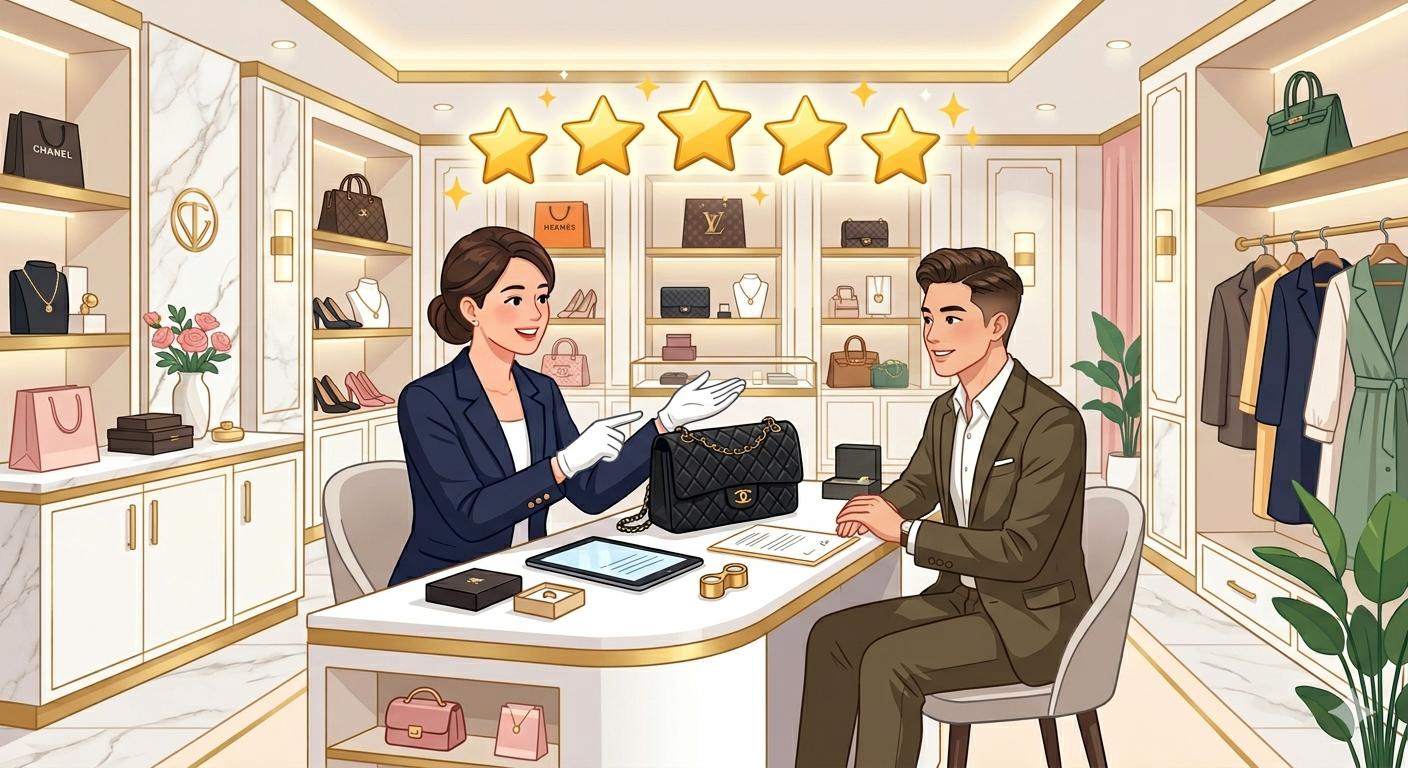 おたからやの店内でスタッフがブランドバッグを査定している様子と5つ星の口コミ評価
