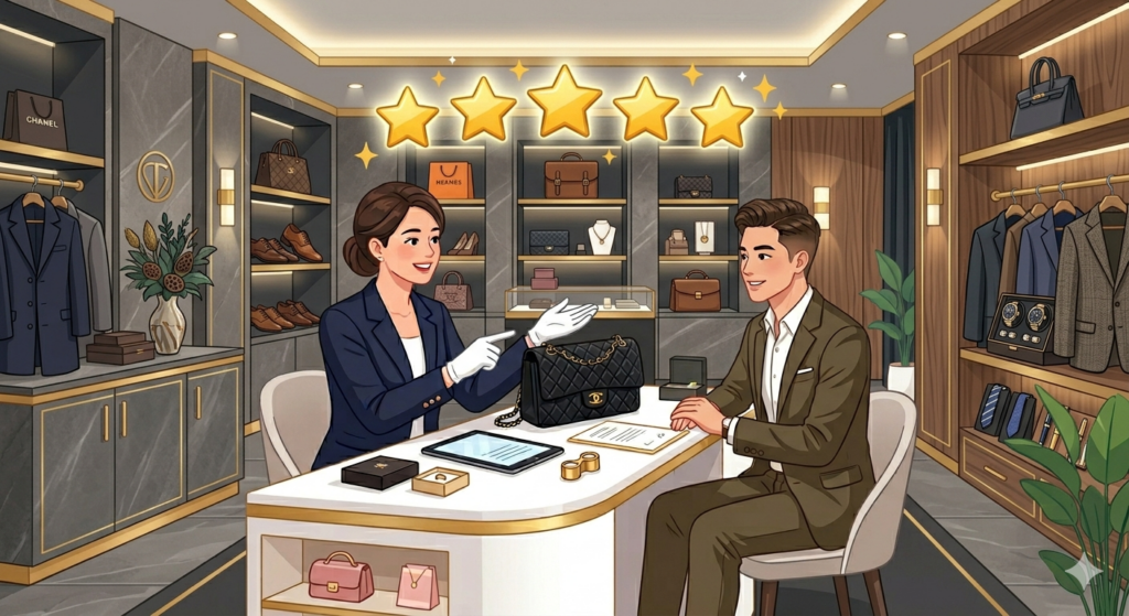 おたからやの高級感ある店内でスタッフがブランドバッグを査定し5つ星評価を獲得している様子