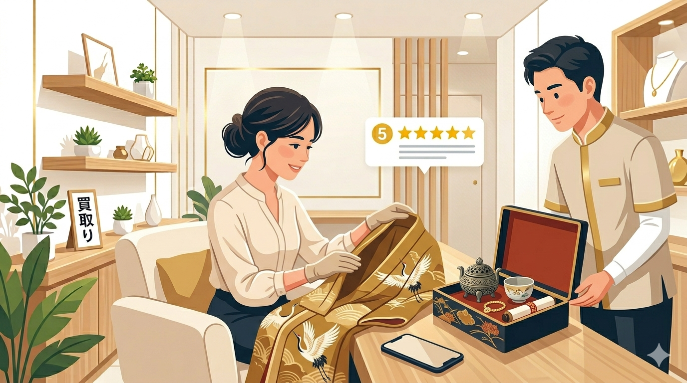 福ちゃんの出張買取スタッフが自宅で着物と骨董品を査定している様子