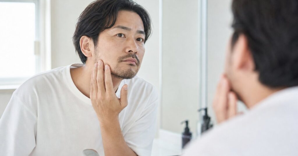 ヒゲ脱毛の回数を鏡の前で確認して悩む男性の写真