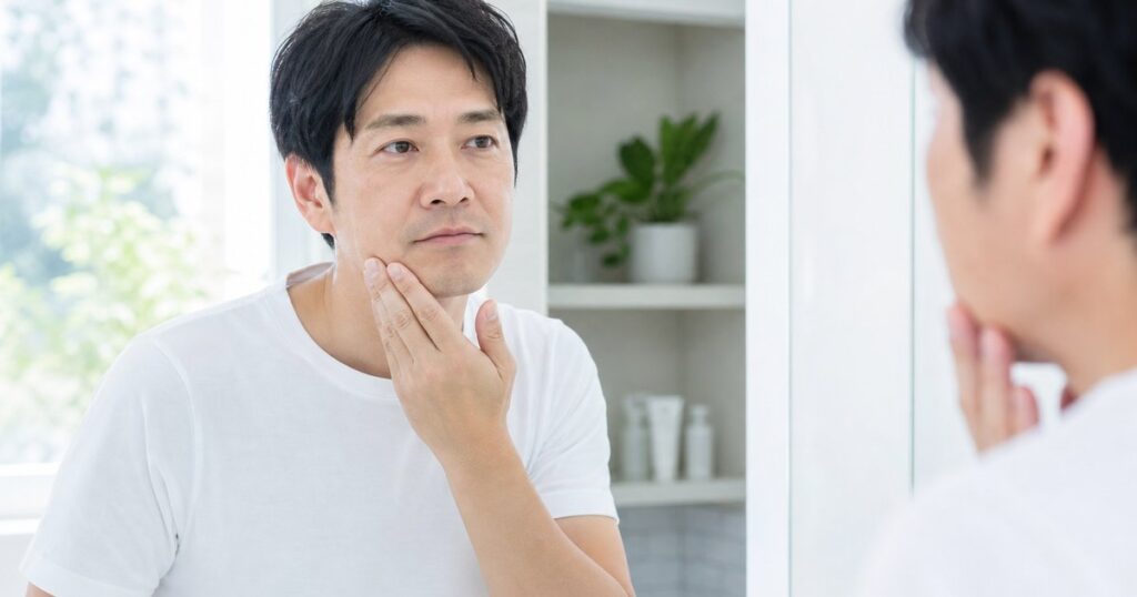 ヒゲ永久脱毛を検討して鏡の前で悩む男性の写真